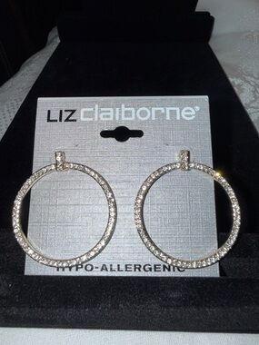 Liz Claiborne Silver Crystal Hoop Earrings NWT